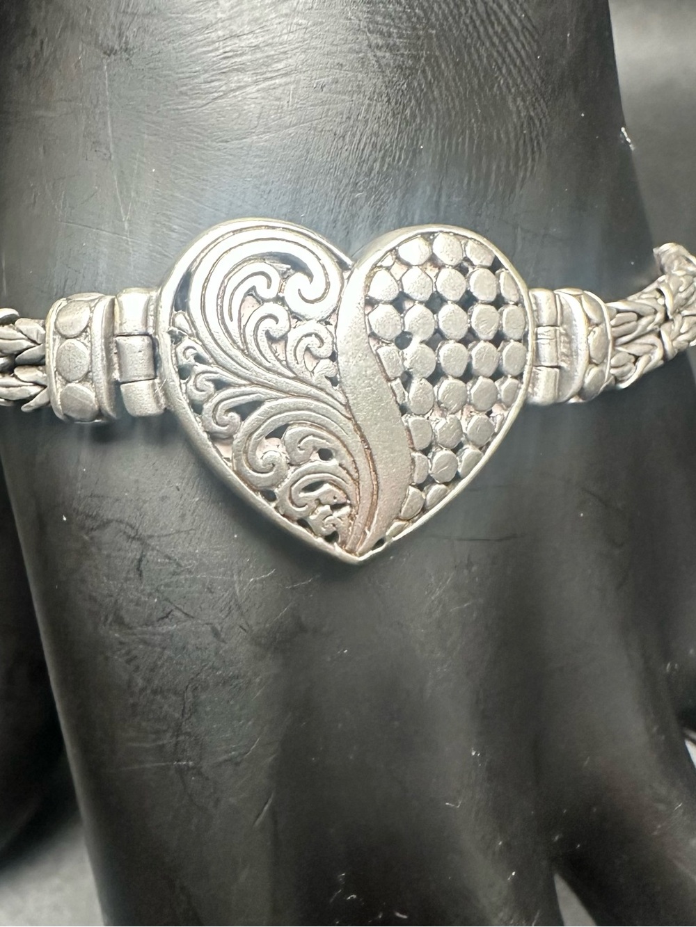 Vintage Sterling Silver Filigree Heart Bracelet, Flexible, Artisanal, 7.5